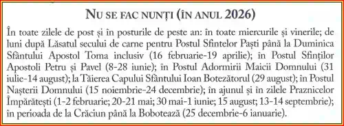 când nu se fac nunți in 2025 și 2026